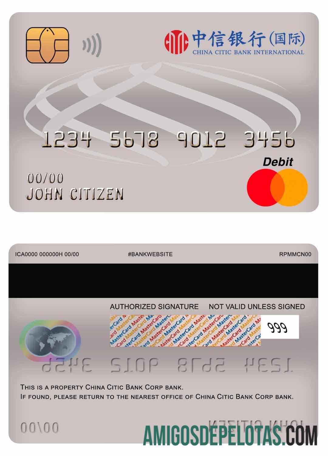 Cartão de débito mestre do banco China Citic Bank Corp modelo